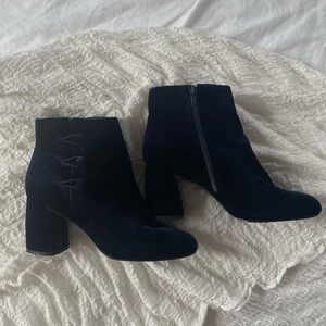 Nine West Blue Velvet Heeled Boots with Button Detail, Size 9.5M